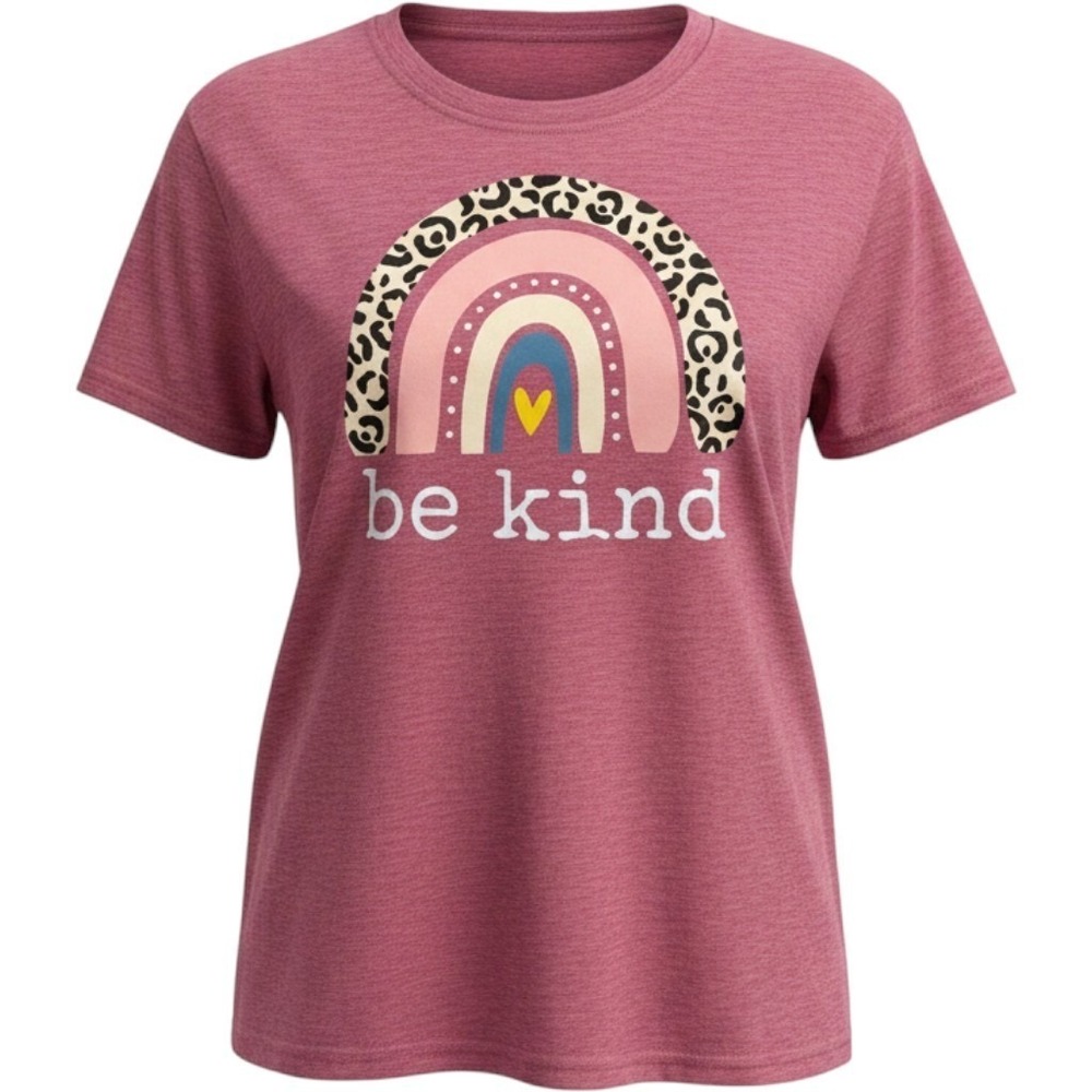Be Kind Rainbow Leopard Graphic T-Shirt Mauve Pink Short Sleeve Tee Small